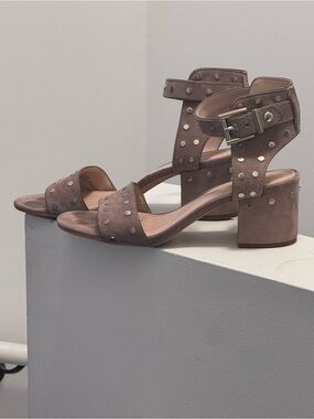 Studded Ankle-Strap Block Heel Sandals in Taupe